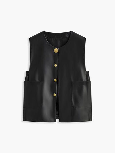 Gilet en Similicuir avec Boutons Métalliques, Élégant et Décontracté