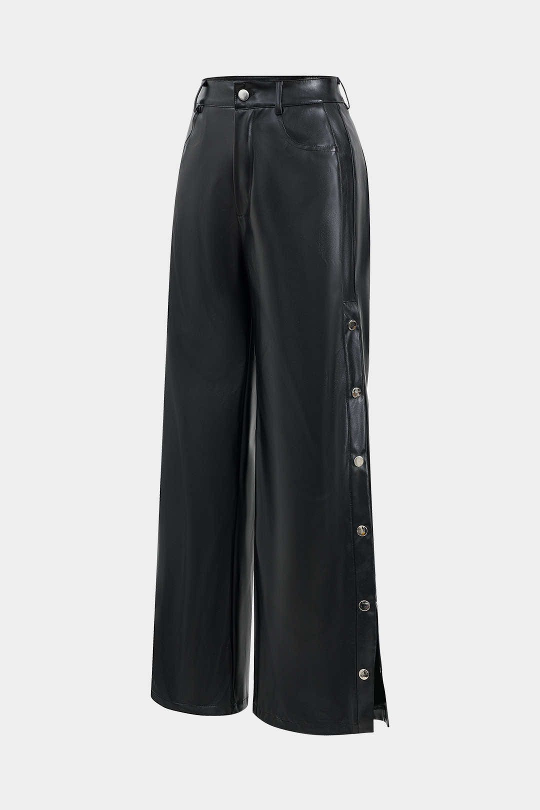 Pantalon large en simili cuir à boutons, taille élastiquée, style moderne et chic