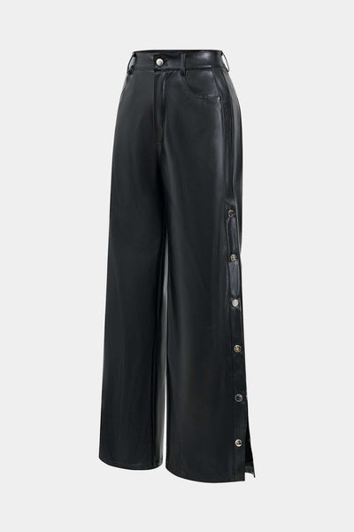 Pantalon large en simili cuir à boutons, taille élastiquée, style moderne et chic