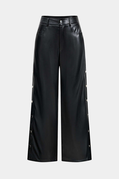 Pantalon large en simili cuir à boutons, taille élastiquée, style moderne et chic