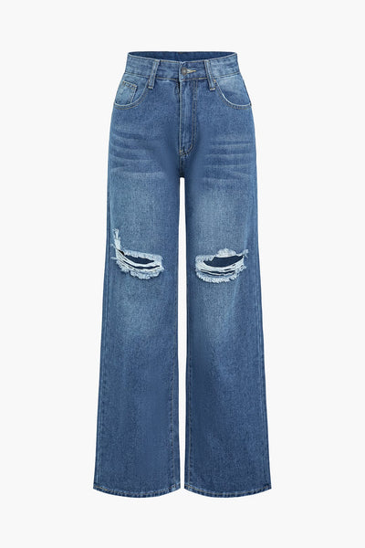 Jean en denim déchiré avec zip, effet usé et coupe ajustée. Pantalon tendance pour un style casual et urbain.