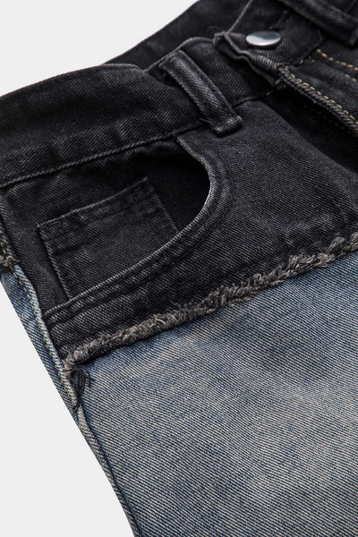 Jean patchwork boutonné en denim, coupe ajustée avec poches fonctionnelles