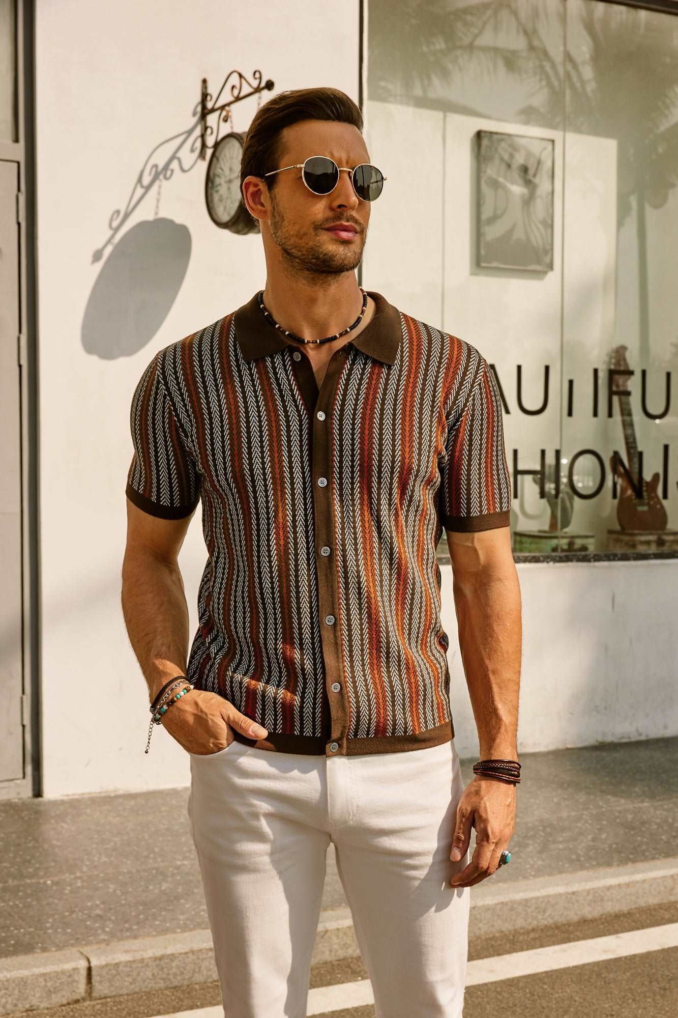 Retro Stripe Button-Down Polo Shirt