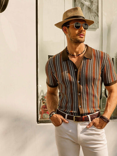 Retro Stripe Button-Down Polo Shirt