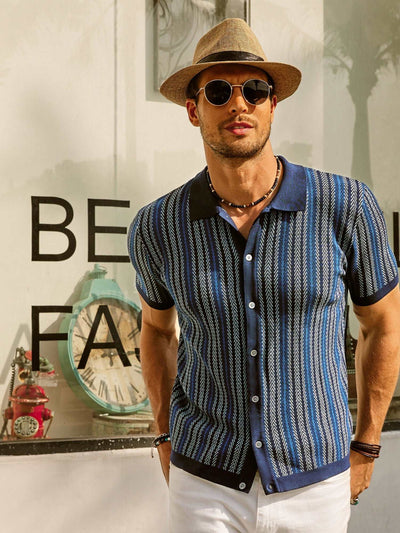 Retro Stripe Button-Down Polo Shirt