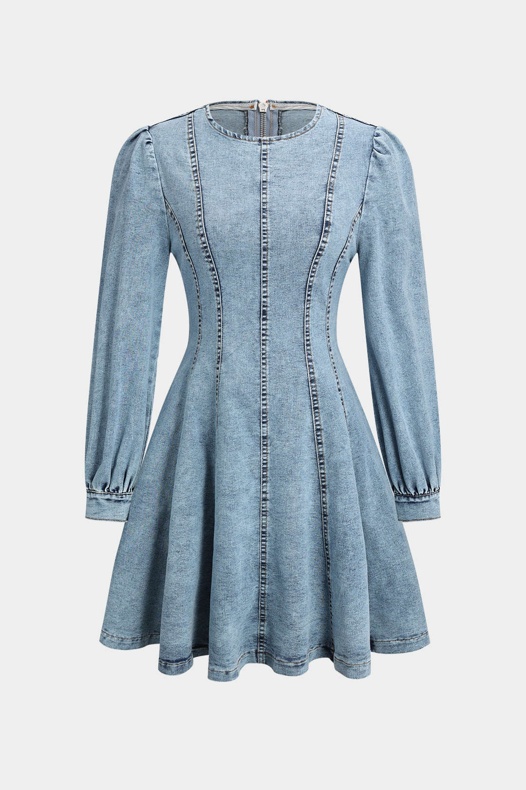 Robe corset zippée en denim, manches longues et coupe ajustée pour un look tendance et féminin.