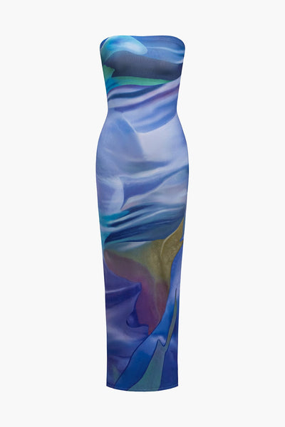 Robe maxi sans manches à imprimé abstrait, idéale pour un look casual élégant et moderne.