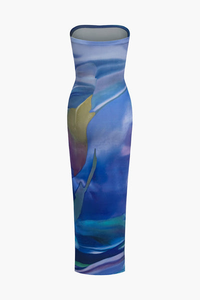 Robe maxi sans manches à imprimé abstrait, idéale pour un look casual élégant et moderne.