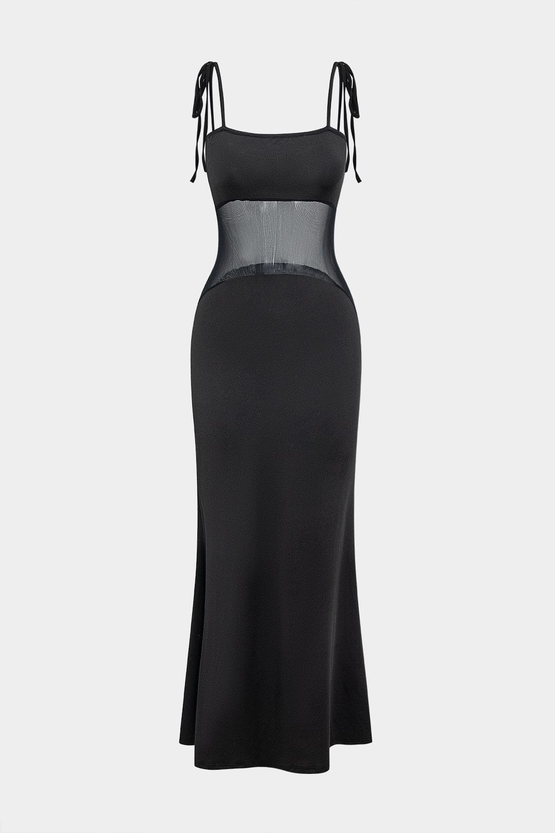 Robe maxi dos nu avec détails en mesh, coupe ajustée et fluide.