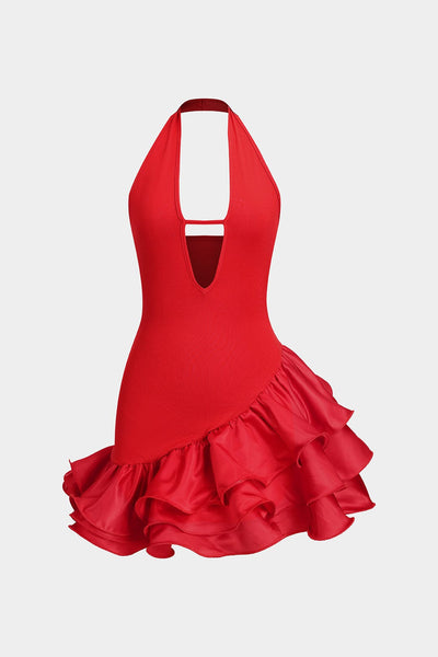 Robe mini dos nu à col halter, ajustée, pour un style décontracté et sexy.