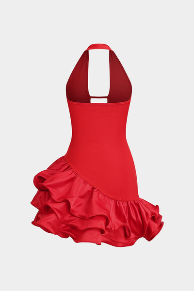 Robe mini dos nu à col halter, ajustée, pour un style décontracté et sexy.